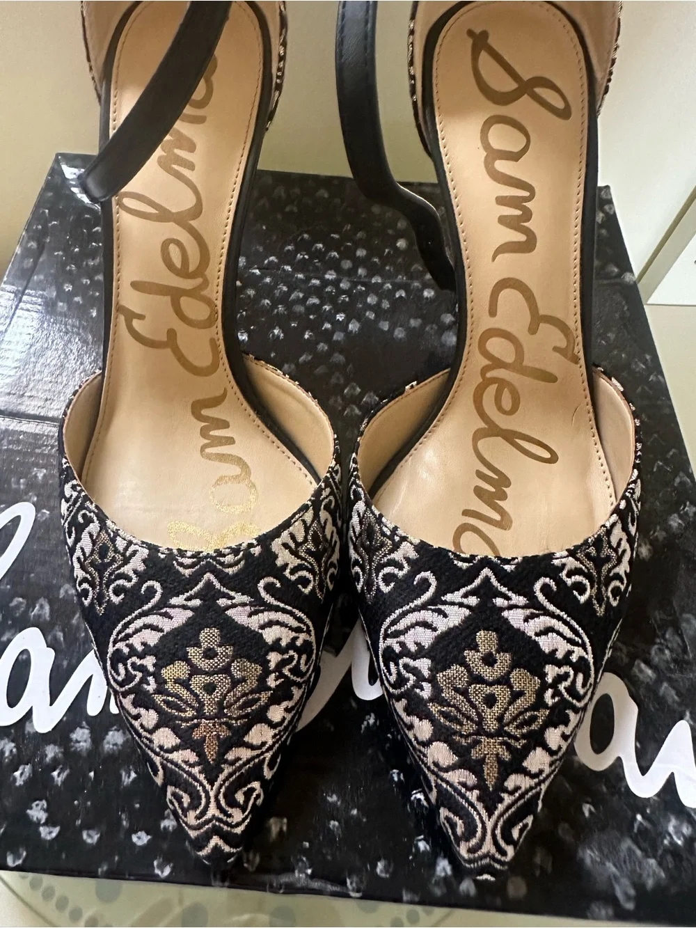 Sam Edelman Black and Cream Embroidered Pointed-Toe Ankle-Strap 3 inchesHeels